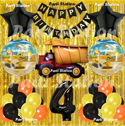 İnşaat Konsept Kamyon Balon Set 4 Yaş Sarı Siyah İnşaat Tema Kamyon Doğum Günü Balon Set