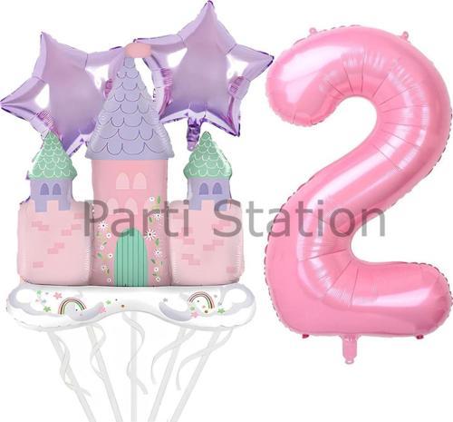 Prenses Konsept 2 Yaş Pembe Renk Rakam Balon Set Prenses Evi Şato Balon Konsept Doğum Günü Balon Set