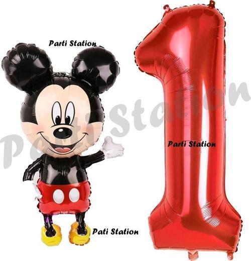 Mickey Mouse Balon 1 Yaş Doğum Günü Set Mickey Mouse Konsept Balon Ve Kırmızı Rakam Balon