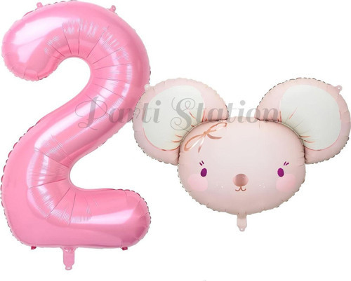 Pink Mouse 1 Yaş Balon Set Sevimli Pembe Fare Konsept Balon Ve Pembe Rakam Balon Hamster Balon