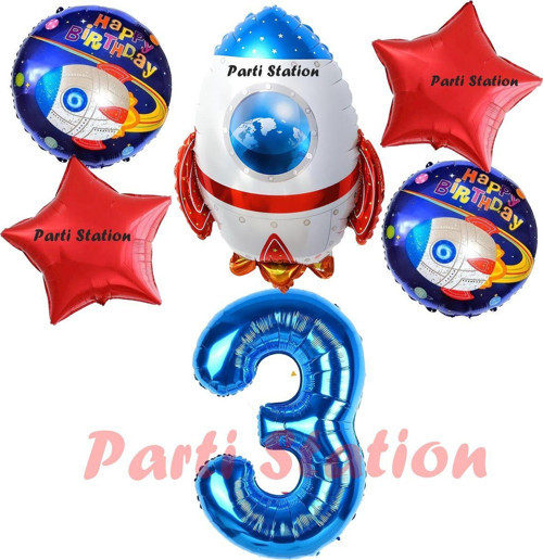 Uzay Konsept Roket Balon 3 Yaş Doğum Günü Set Uzay Konsept Balon Rakam Balon Set