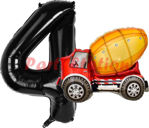 İnşaat Mikser Kamyonu Balon 4 Yaş Doğum Günü Balon Set İş Makinaları Konsept Ve Siyah Rakam Balon