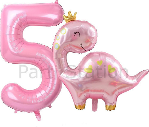 Pembe Dinozor 5 Yaş Pembe Renk Rakam Balon Set Sevimli Pembe Dinozor Konsept Doğum Günü Balon Set