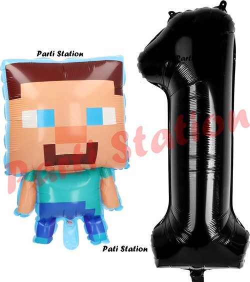 Minecraft Balon 1 Yaş Doğum Günü Set Minecraft Konsept Balon Ve Siyah Rakam Balon