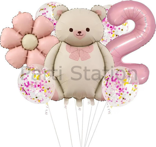 Sevimli Ayıcık 2 Yaş Balon Set Retro Pembe Ayıcık Konsept Doğum Günü Set