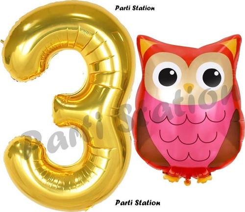 Woodland Baykuş Konsept 3 Yaş Balon Set Sevimli Baykuş Owl Ve Gold Rakam Balon Doğum Günü Balon Set