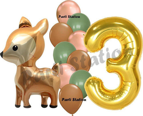 Woodland Geyik Balon 3 Yaş Balon Set Sevimli Ceylan Balon Ve Gold Rakam Balon Doğum Günü Set