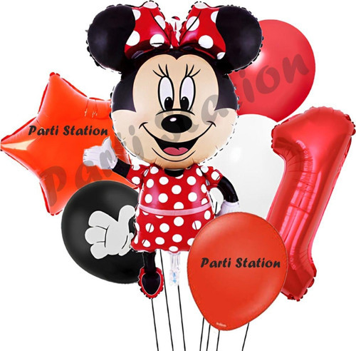 Minnie Mouse 1 Yaş Doğum Günü Set Minnie Mouse Konsept Balon Ve Kırmızı Rakam Balon