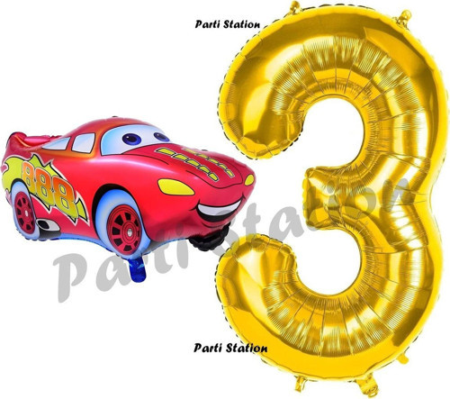 Cars Arabalar Balon Konsept 3 Yaş Balon Set Şimşek Mcqueen Balon Ve Gold Rakam Balon Doğum Günü Set