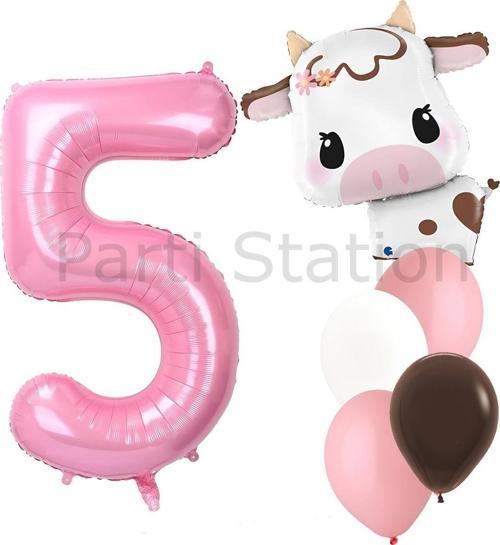 Safari Konsept Sevimli İnek Ve Pembe Rakam Balon 5 Yaş Set Safari İnek Konsept Doğum Günü Balon Set