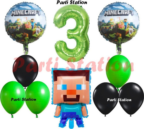 Yeşil Rakam Balonlu Minecraft Konsept Doğum Günü 3 Yaş Balon Set Minecraft Yeşil Siyah Balon Set
