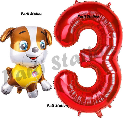Paw Patrol İnşaat Köpek Rubble 3 Yaş Balon Ve Kırmızı Rakam Balon Doğum Günü Parti Set