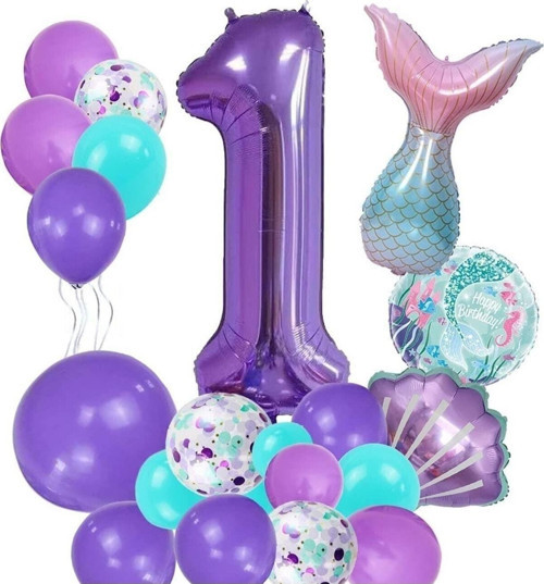 Mor Rakam Balon 1 Yaş Deniz Kızı Temalı Doğum Günü Parti Kutlama Seti Konsept 1