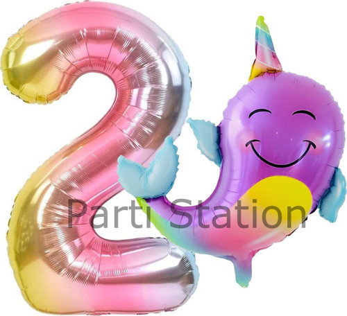 Unicorn Balina Balon 2 Yaş Set Okyanus Konsept Unicorn Yunus Balığı Ve Renkli Rakam Balon Set