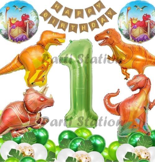 Orman Tema Jurassic Park Dinozor Konsept Yeşil Rakam Balon 1 Yaş Dev Balonlu Doğum Günü Balon Set