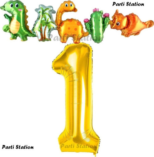 Altın Renk Rakam Balonlu Dinozor 1 Yaş Doğum Günü Parti Yapışık Balon Set Dinozor Tema Parti Set