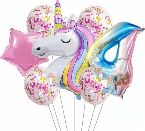 Unicorn Gökkuşağı 4 Yaş Folyo Balon Set Konsept Doğum Günü Set Yaş Balon Set