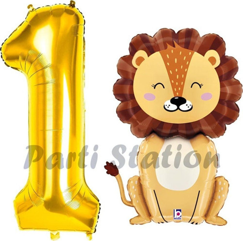 Aslan Balon 1 Yaş Balon Set Safari Konsept Aslan Balon Ve Gold Renk Rakam Balon