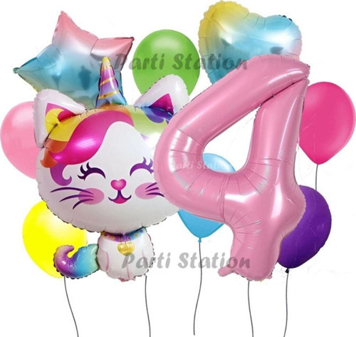 Unicorn Kedi Kitty Konsept 4 Yaş Doğum Günü Parti Balon Set Sevimli Unicorn Kedi Tema Parti Set