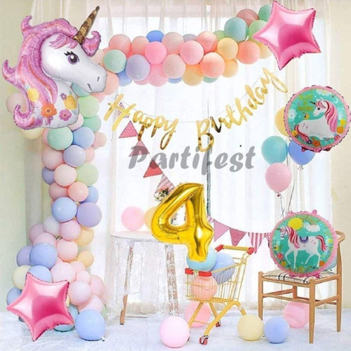 Unicorn Konsept 4 Yaş Balon Doğum Günü Set Tek Boynuzlu At Unicorn Yaş Balon Set