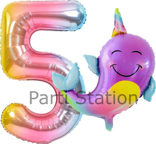 Unicorn Balina Balon 5 Yaş Set Okyanus Konsept Unicorn Yunus Balığı Ve Renkli Rakam Balon Set