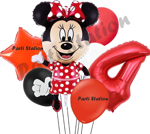 Minnie Mouse 4 Yaş Doğum Günü Set Minnie Mouse Konsept Balon Ve Kırmızı Rakam Balon
