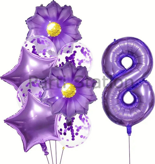 Mor Papatya 8 Yaş Balon Set Mor Papatya Konsept Doğum Günü Balon Set