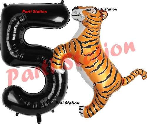 Safari Kaplan Balon 5 Yaş Balon Set Kaplan Balon Ve Siyah Rakam Balon Doğum Günü Seti