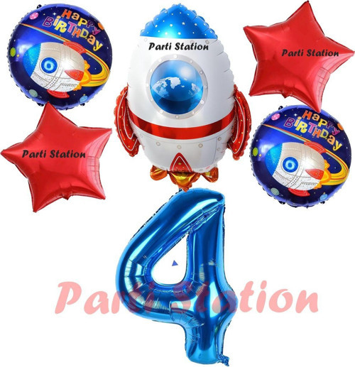 Uzay Konsept Roket Balon 4 Yaş Doğum Günü Set Uzay Konsept Balon Rakam Balon Set