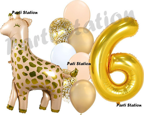 Zürafa Balon Set Safari Zürafa 6 Yaş Balon Set Sevimli Zürafa Ve Gold Rakam Balon Doğum Günü Set