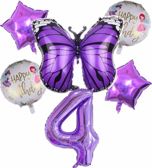 Mor Kelebek Mor Renk 4 Yaş Rakam Balon Set Doğum Günü Parti Mor Renk Helyum Balon Mor Rakam Balon