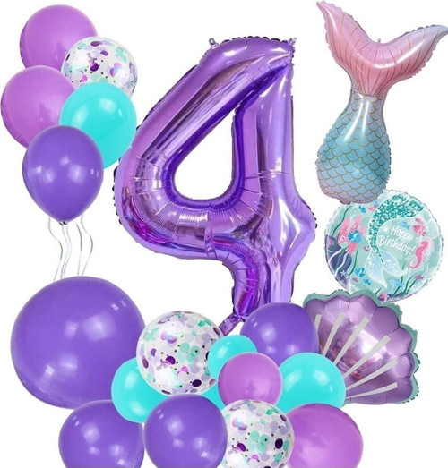 Mor Rakam Balon 4 Yaş Deniz Kızı Temalı Doğum Günü Parti Kutlama Seti Konsept 1