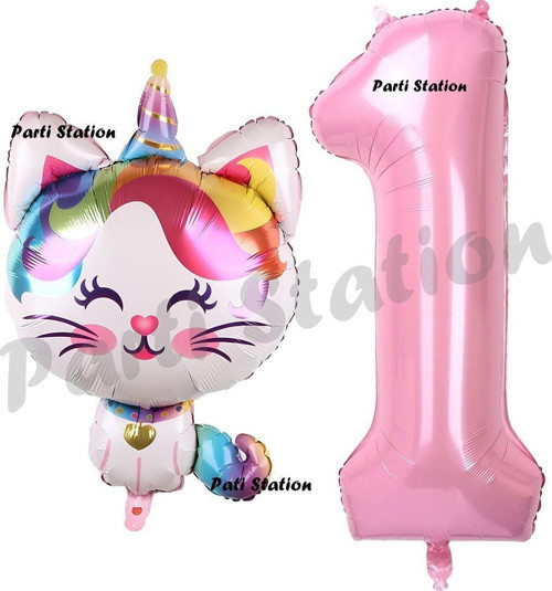 Unicorn Kedi Balon 1 Yaş Doğum Günü Balon Set Unicorn Kedi Konsept Balon Ve Pembe Rakam Balon