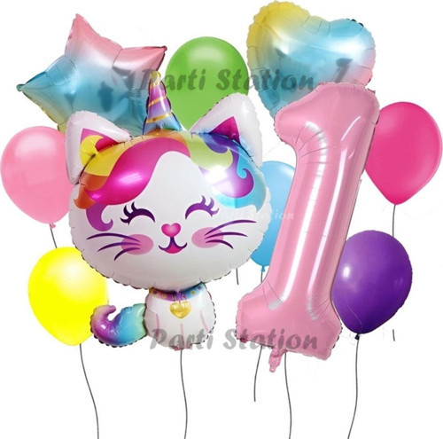 Unicorn Kedi Kitty Konsept 1 Yaş Doğum Günü Parti Balon Set Sevimli Unicorn Kedi Tema Parti Set
