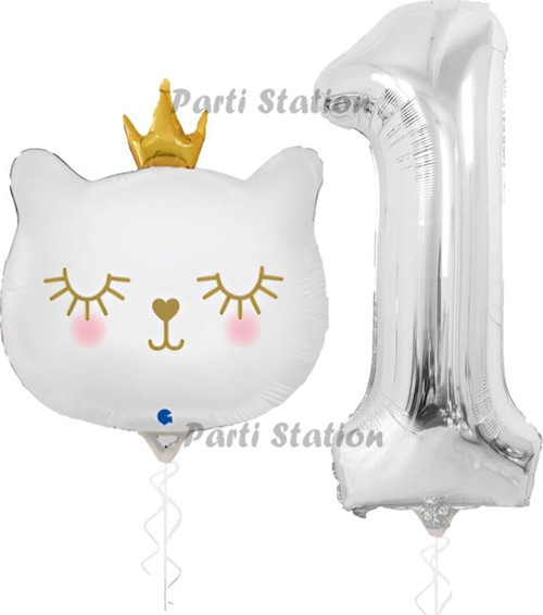 Beyaz Kedi 1 Yaş Doğum Günü Balon Set White Cat White Kitty Konsept Parti Balon Set Beyaz Kedi Tema