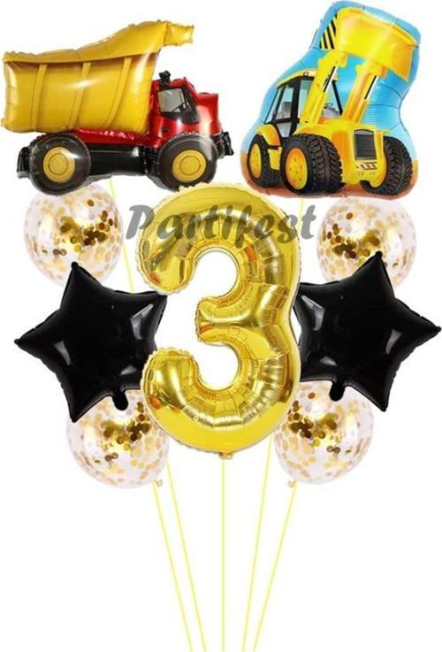 Kamyon Dozer Kepçe Inşaat 3 Yaş Balon Set Yıldız Balon Set Kamyon Inşaat Konsept Doğum Günü Set