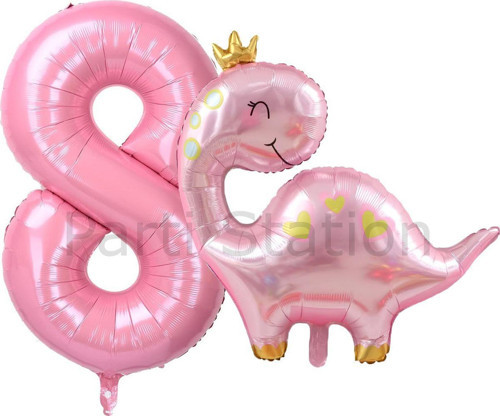 Pembe Dinozor 8 Yaş Pembe Renk Rakam Balon Set Sevimli Pembe Dinozor Konsept Doğum Günü Balon Set