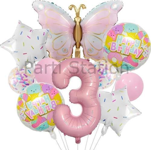 Kelebek 3 Yaş Balon Set Gökkuşağı Kelebek Konsept Doğum Günü Balon Set