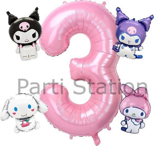 Kuromi 3 Yaş Mini Pembe Balon Set Kuromi Mymelody Cinnamonroll Konsept Doğum Günü Balon Set