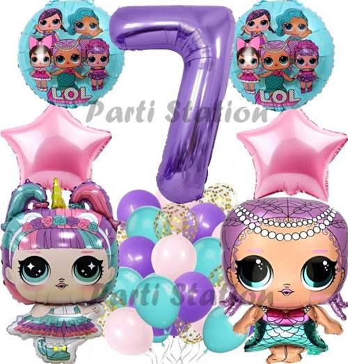 Surprise Konsept 7 Yaş Balon Set Unicorn Bebek Mor Rakam Balon Parti Doğum Günü Balon Set