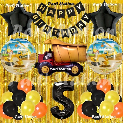 İnşaat Konsept Kamyon Balon Set 5 Yaş Sarı Siyah İnşaat Tema Kamyon Doğum Günü Balon Set