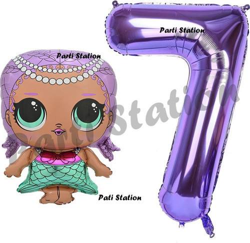 Mermaid Lol Bebek 7 Yaş Balon Ve Mor Rakam Balon Doğum Günü Parti Set