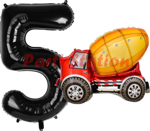 İnşaat Mikser Kamyonu Balon 5 Yaş Doğum Günü Balon Set İş Makinaları Konsept Ve Siyah Rakam Balon