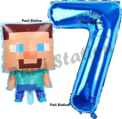 Minecraft Balon 7 Yaş Doğum Günü Set Minecraft Konsept Balon Ve Lacivert Rakam Balon