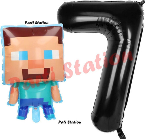 Minecraft Balon 7 Yaş Doğum Günü Set Minecraft Konsept Balon Ve Siyah Rakam Balon