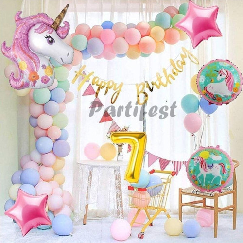 Unicorn Konsept 7 Yaş Balon Doğum Günü Set Tek Boynuzlu At Unicorn Yaş Balon Set