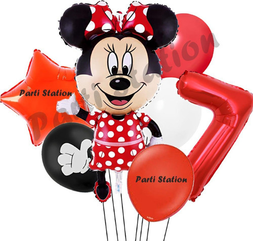 Minnie Mouse 7 Yaş Doğum Günü Set Minnie Mouse Konsept Balon Ve Kırmızı Rakam Balon