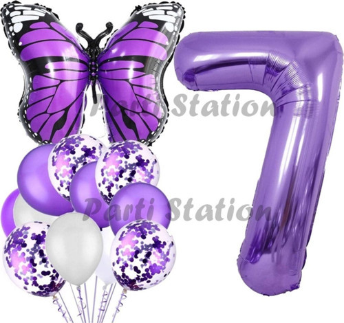 Mor Kelebek Konsept 7 Yaş Balon Set Butterfly Kelebek Mor Rakam Balon Parti Doğum Günü Balon Set