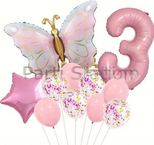 Macaron Kelebek 3 Yaş Balon Set Gökkuşağı Macaron Kelebek Konsept Doğum Günü Balon Set