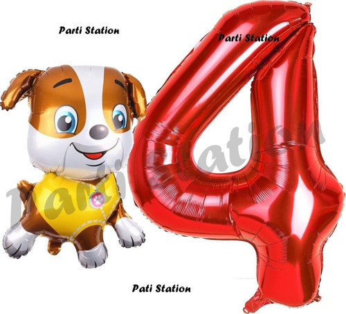 Paw Patrol İnşaat Köpek Rubble 4 Yaş Balon Ve Kırmızı Rakam Balon Doğum Günü Parti Set